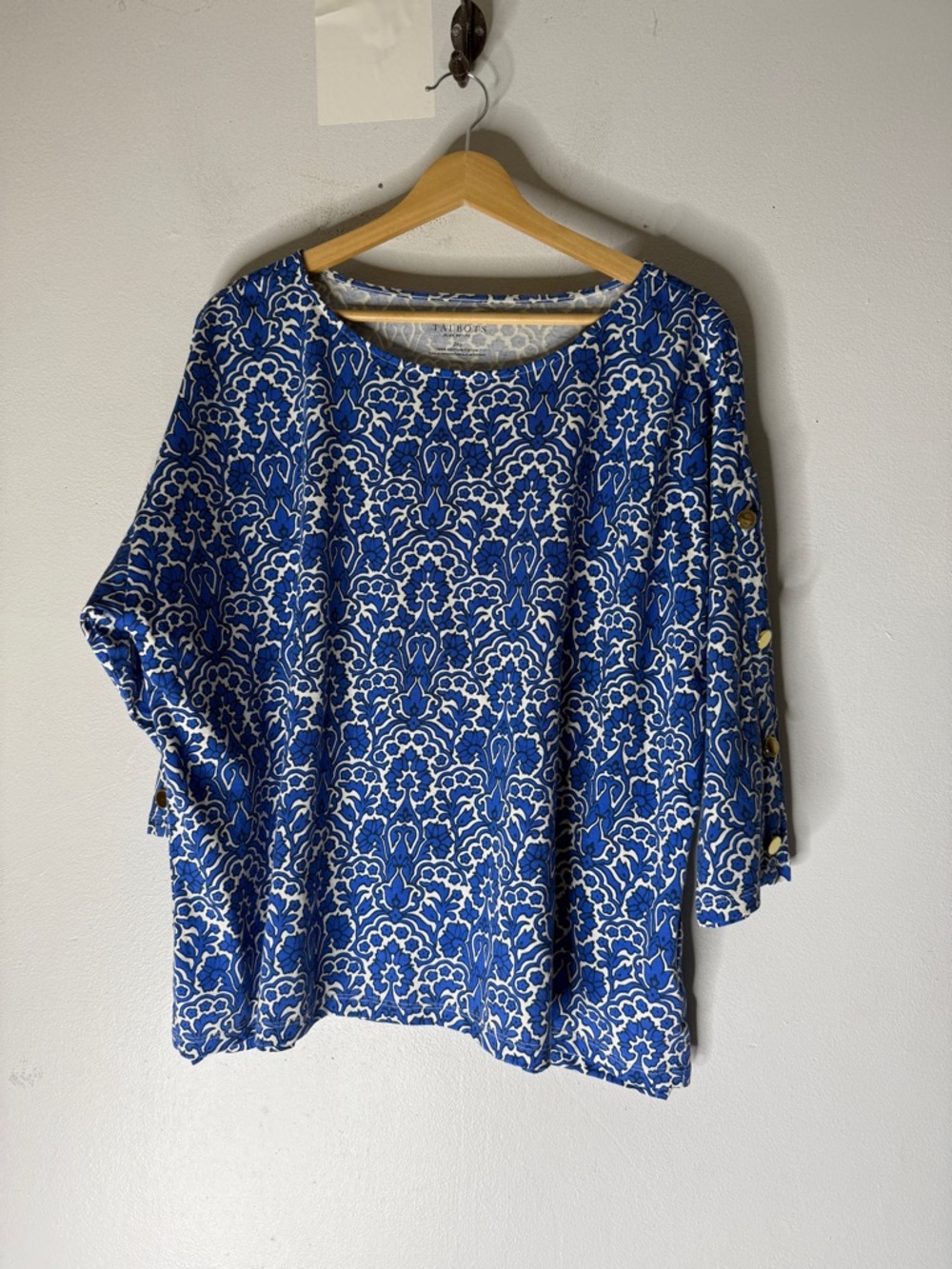 Talbots Blue White‎ Paisley Print 3/4 Sleeve Button Detail T-shirt 2XLP